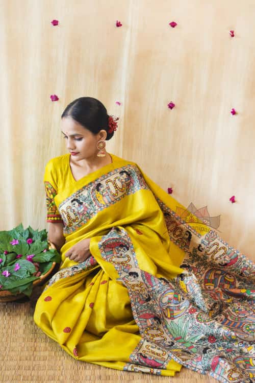 'MITHILA KOHBAR' Yellow Tussar Silk Saree — image 5 of 6