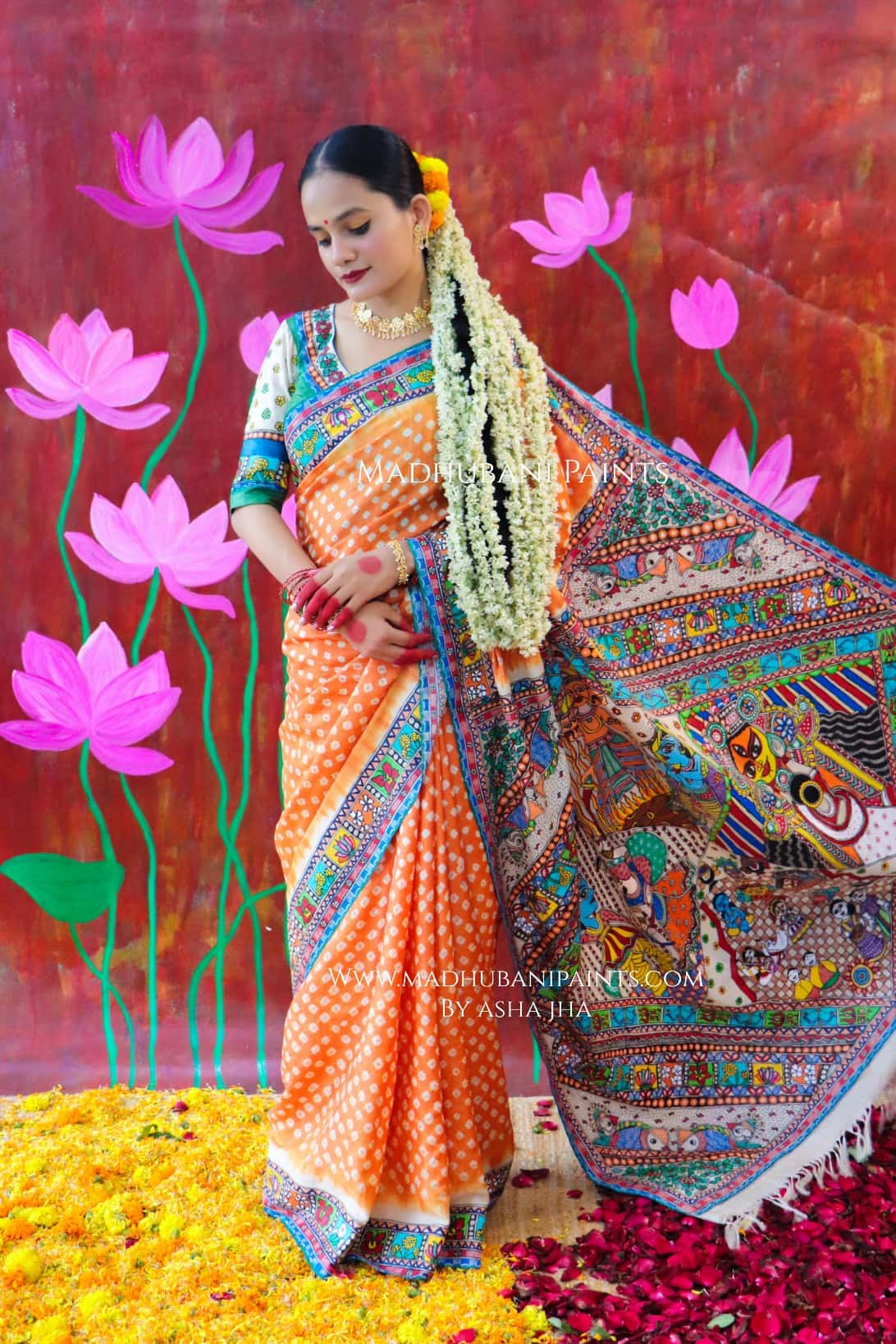 "BHARAT KA DUSSEHRA" Handpainted Madhubani Bandhini Tussar Silk Saree — image 7 of 8