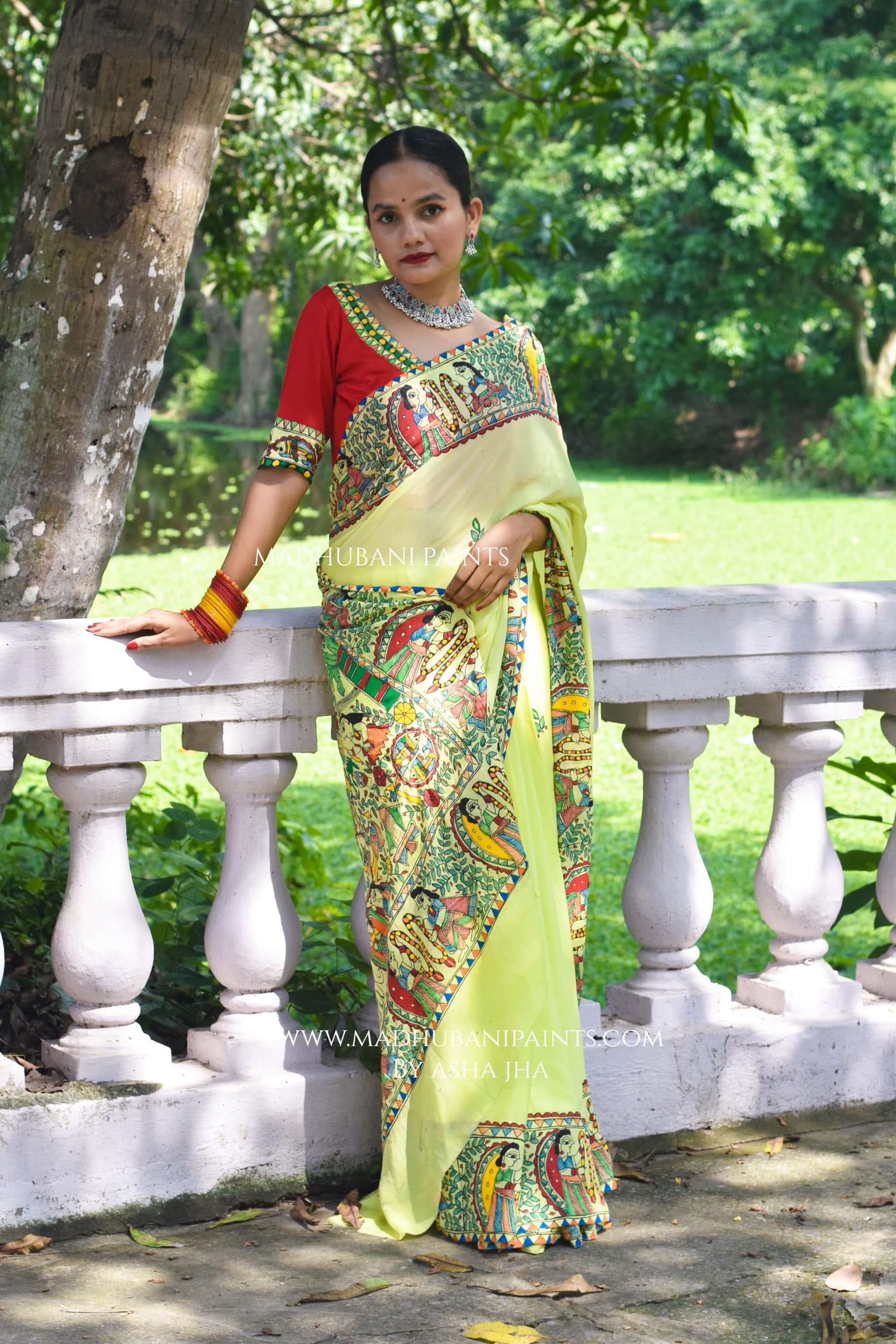 SWAYMBAR Hand-painted Madhubani Chiffon Saree Blouse Set — image 6 of 10