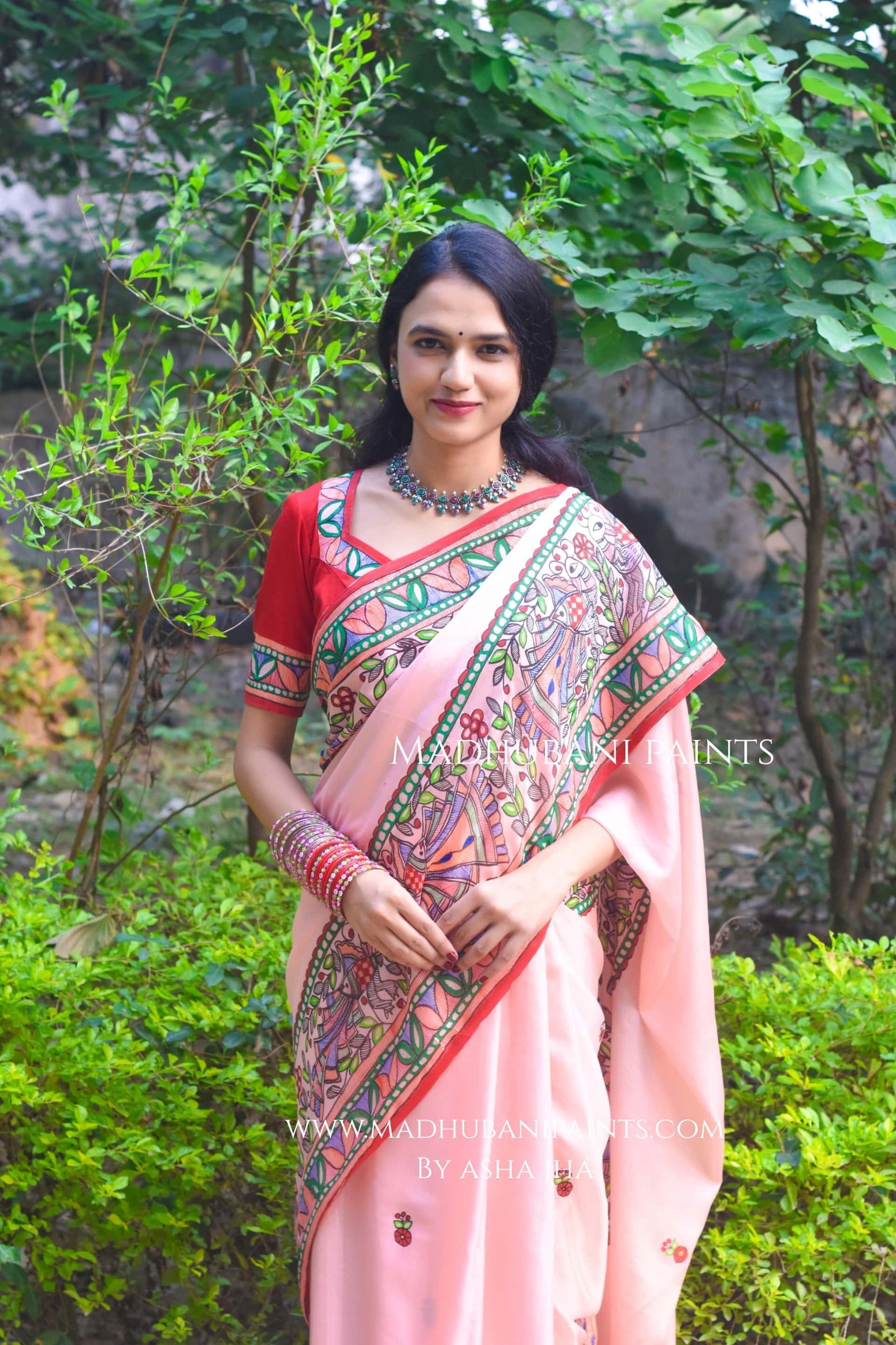 Gulabi Mor Hand-painted Madhubani Chiffon Saree — image 6 of 7