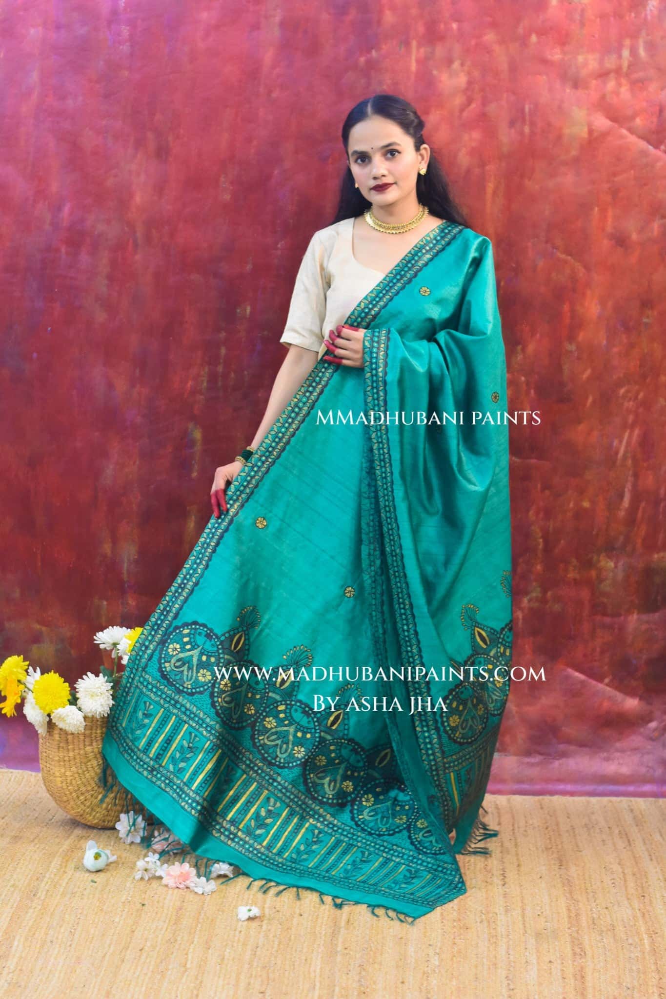 'HARIYALI RANG' Handpainted Madhubani Tussar Silk Dupatta — image 4 of 8