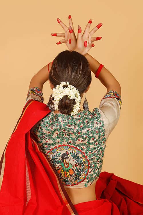 'Krishna' Handpainted Madhubani Tussar silk Blouse — image 6 of 9