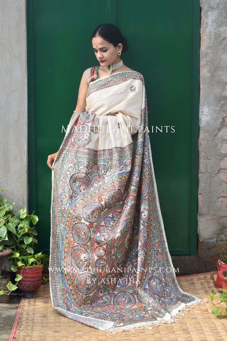 'MATSYA KACHNI' Handpainted Madhubani Tussar Silk Saree — image 4 of 8