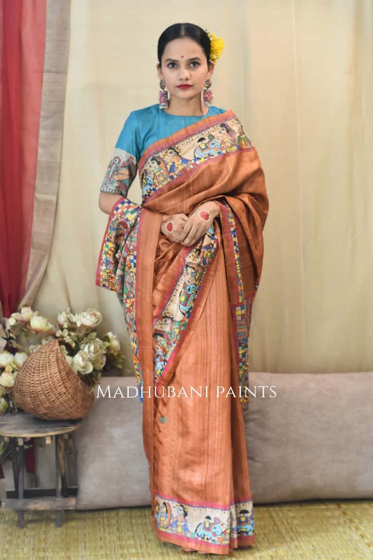 Rust Orange Kohbar Vivah Hand Painted Madhubani Tussar Silk Saree Blouse Set — image 5 of 6