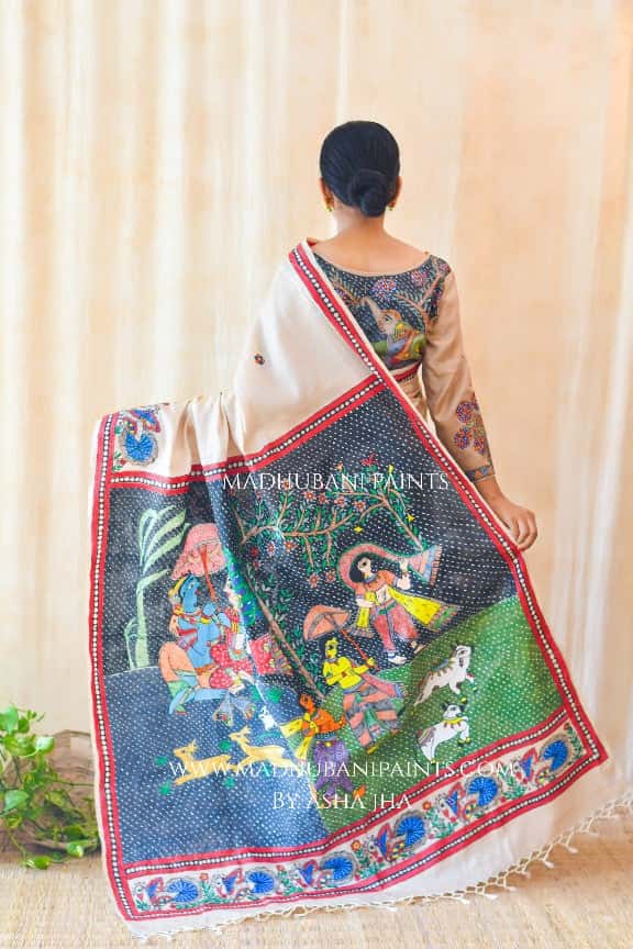 KRISHNA IN BAARISH' Handpainted Madhubani Tussar Silk Saree Blouse Set — image 2 of 8