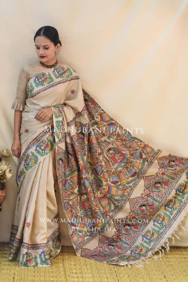 Gaon Ghar Doli Madhubani Handpainted Tussar Silk Saree — image 2 of 4