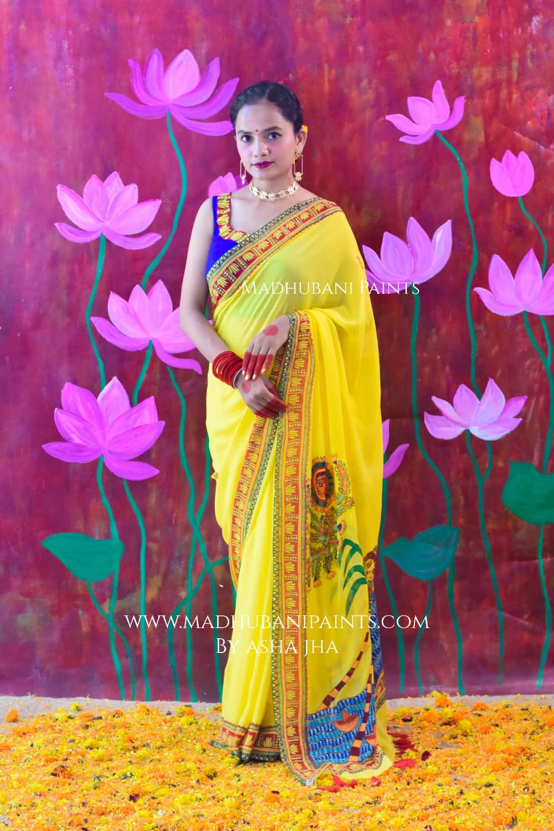 BHAKTI BHAVA Chhath Puja Hand painted Madhubani Georgette Saree Blouse Set — image 3 of 7