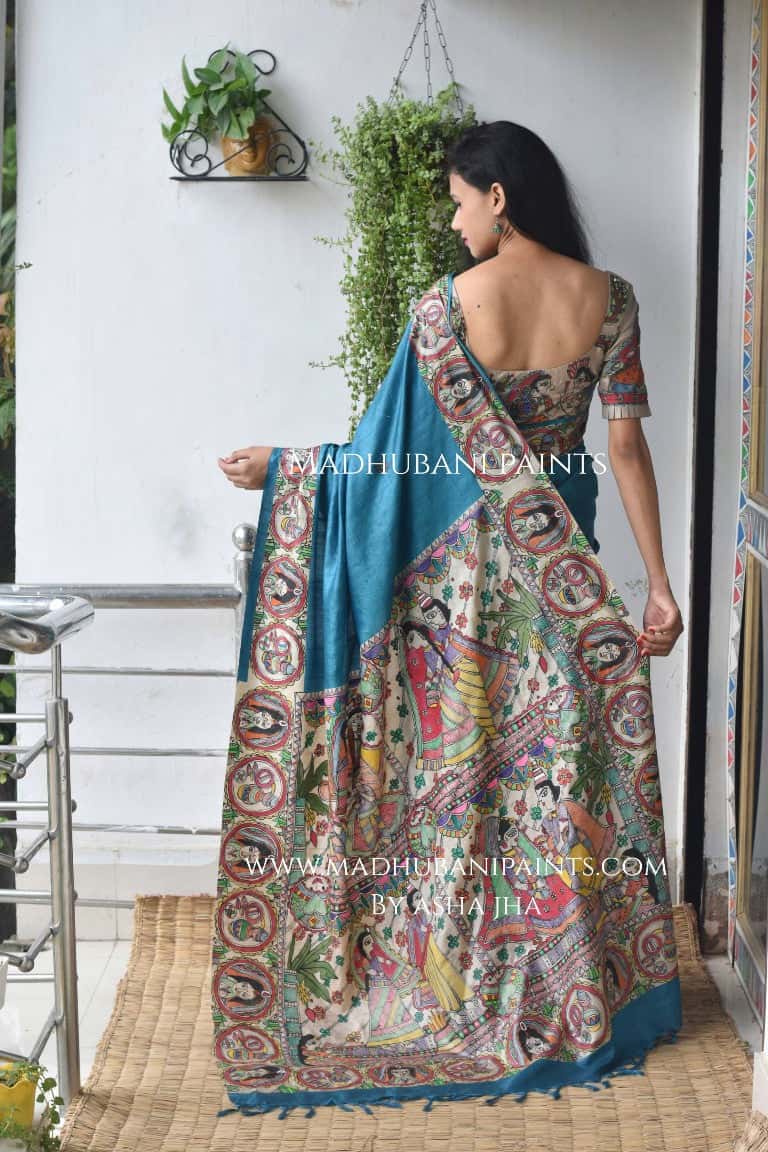 Bengali Wedding Tussar Madhubani Painting Saree with stitched blouse — image 2 of 5