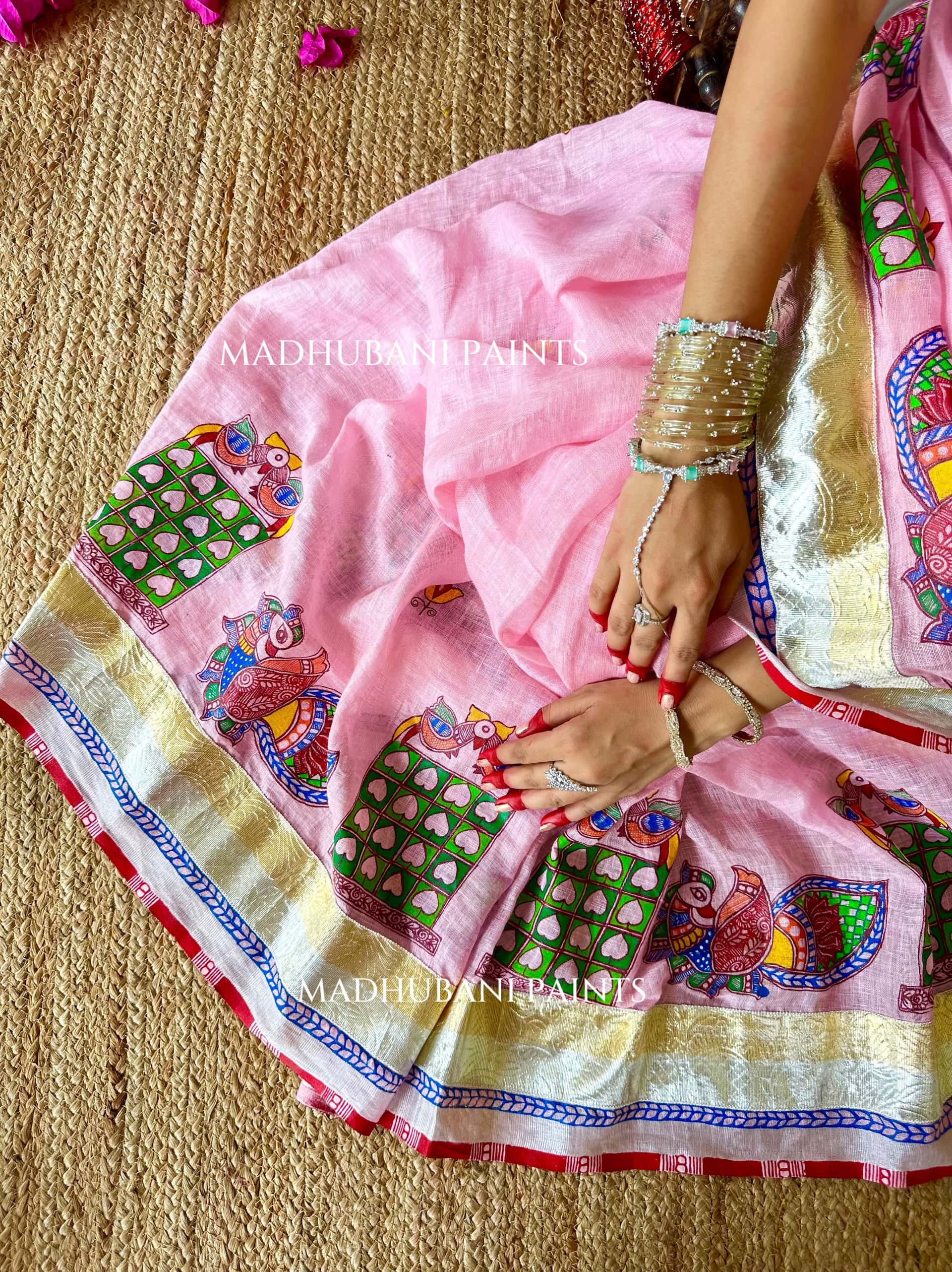 Gulabi Bridal Hand-painted Madhubani Painting Saree Blouse Set — image 9 of 10