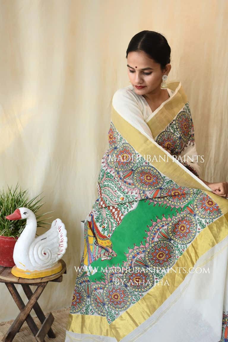 'VRINDAVAN KRISHNA' Handpainted Madhubani Cotton Saree — image 4 of 7