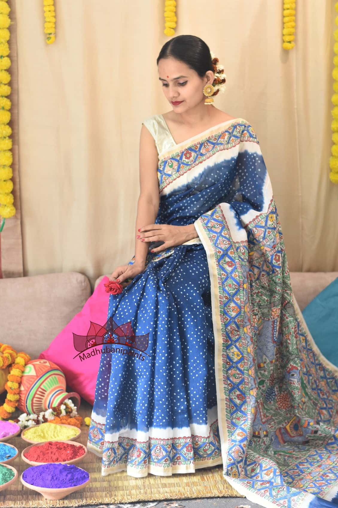 Neeli Vrindavan Bandhej Hand Painted Saree — image 6 of 7