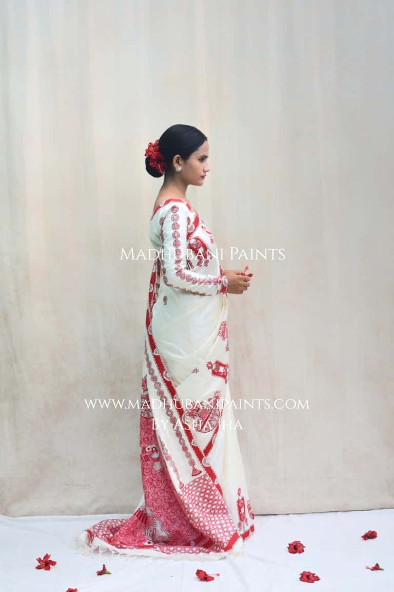 'BRAHMCHARINI' Handpainted Madhubani Bishnupuri Silk Saree Blouse Set — image 6 of 12