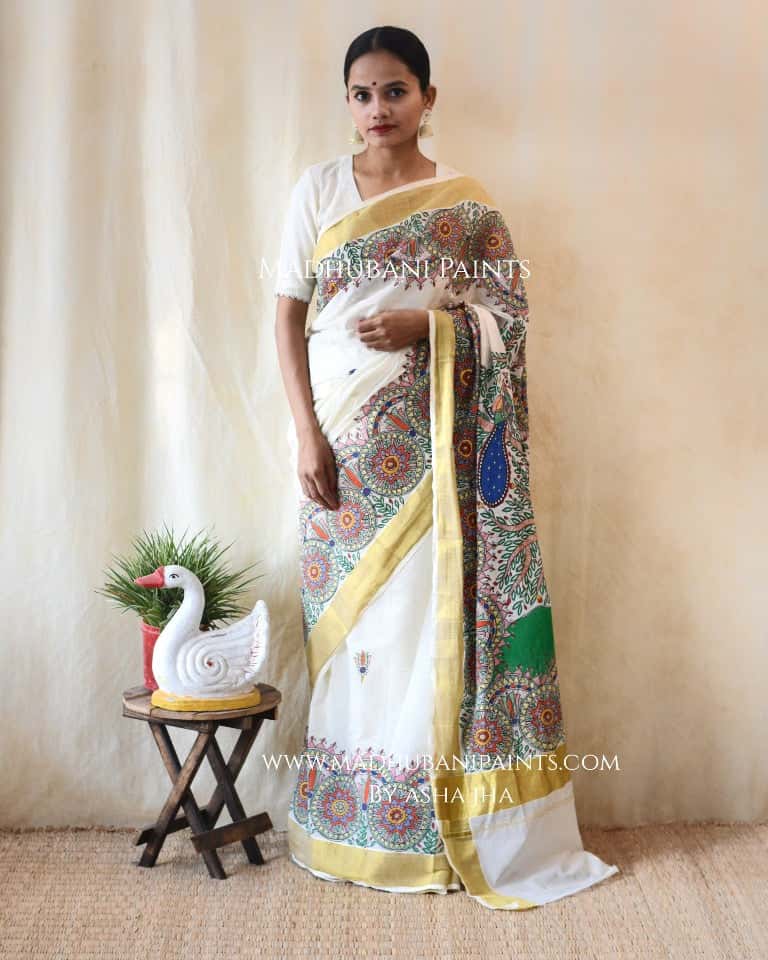 'VRINDAVAN KRISHNA' Handpainted Madhubani Cotton Saree — image 7 of 7