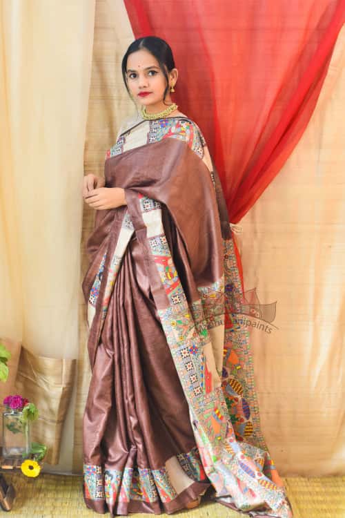 'MITHILA KOHBAR' Handpainted Madhubani Brown Tussar Silk Saree — image 5 of 6