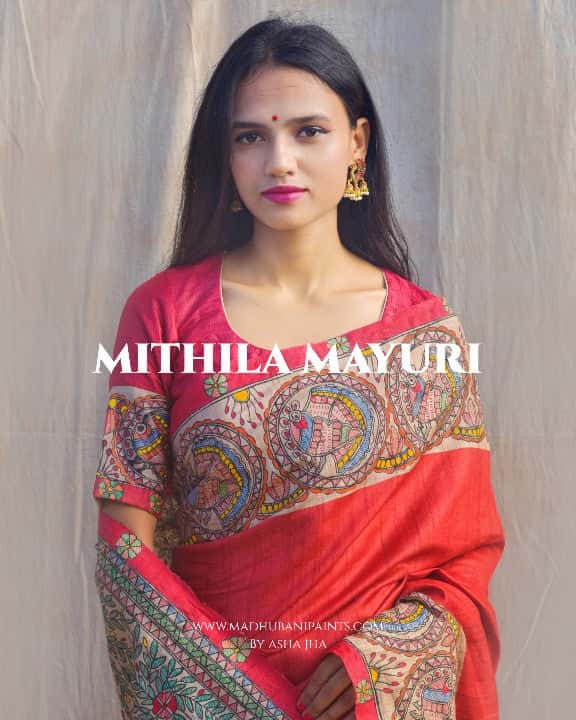 'MITHILA MAYURI' Handpainted Madhubani Tussar Silk Saree Blouse Set — image 5 of 10