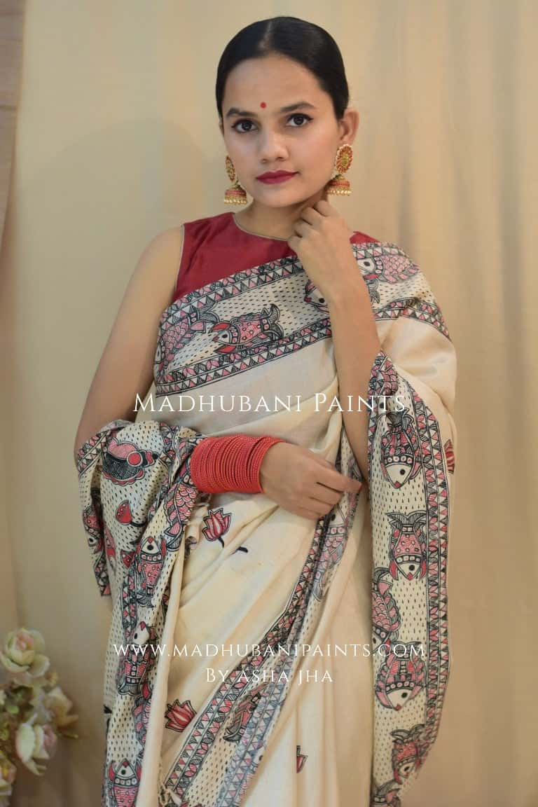 'MATSYA AVATAR' Handpainted Madhubani Tussar Silk Saree — image 7 of 12