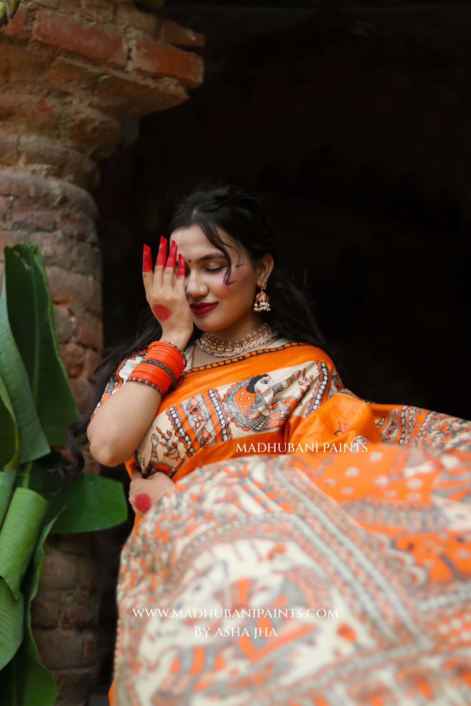 KESARIYA NAINTARA Handpainted Tussar Silk Madhubani Saree — image 5 of 10