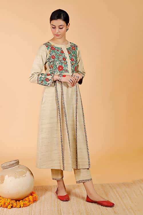 'Mayur' Handpainted Madhubani Pleated Dress Cotton Kurta — image 5 of 8