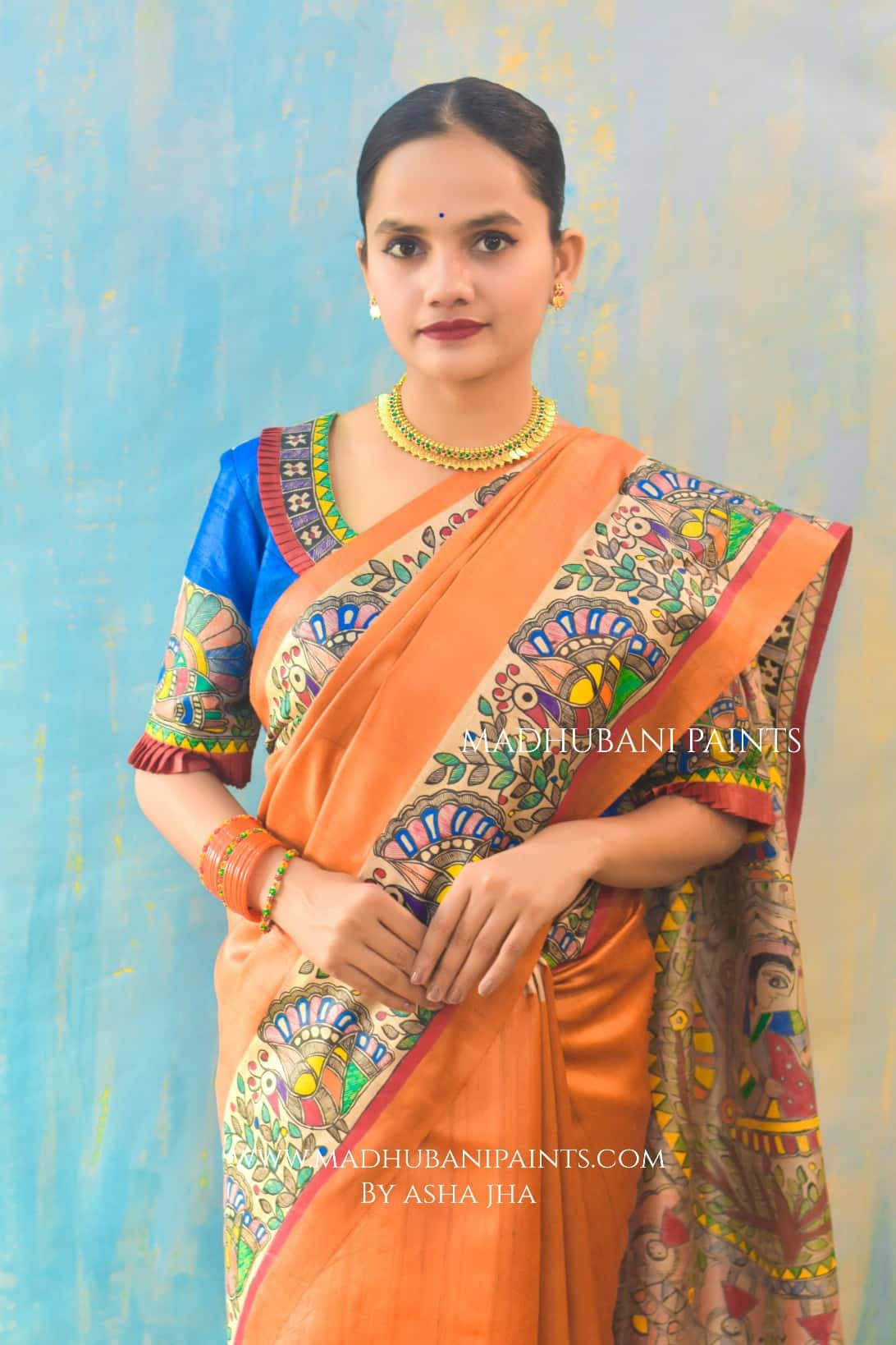 'NARANGI DOLI' Hand Painted  Madhubani Tussar Silk Blouse — image 4 of 5