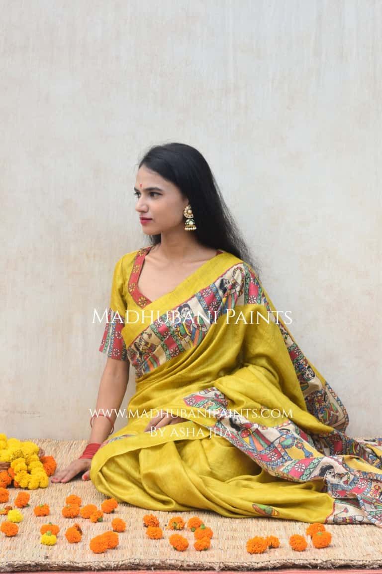 'GOLU DURGA JI' Handpainted Madhubani Tussar Silk Saree Blouse Set — image 6 of 12