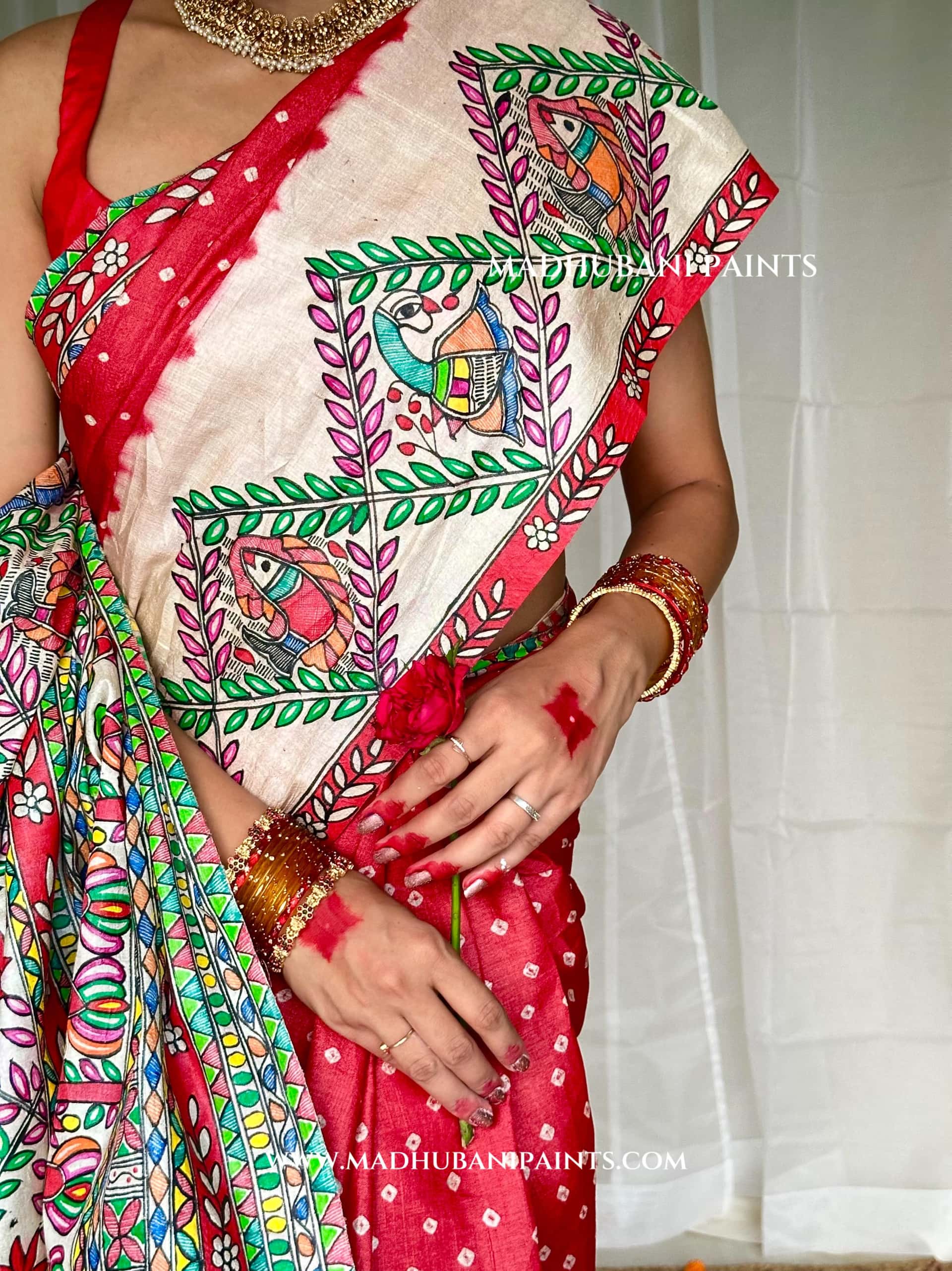 GULAB Handpainted Tussar Silk Bandhini Madhubani Saree — image 7 of 10