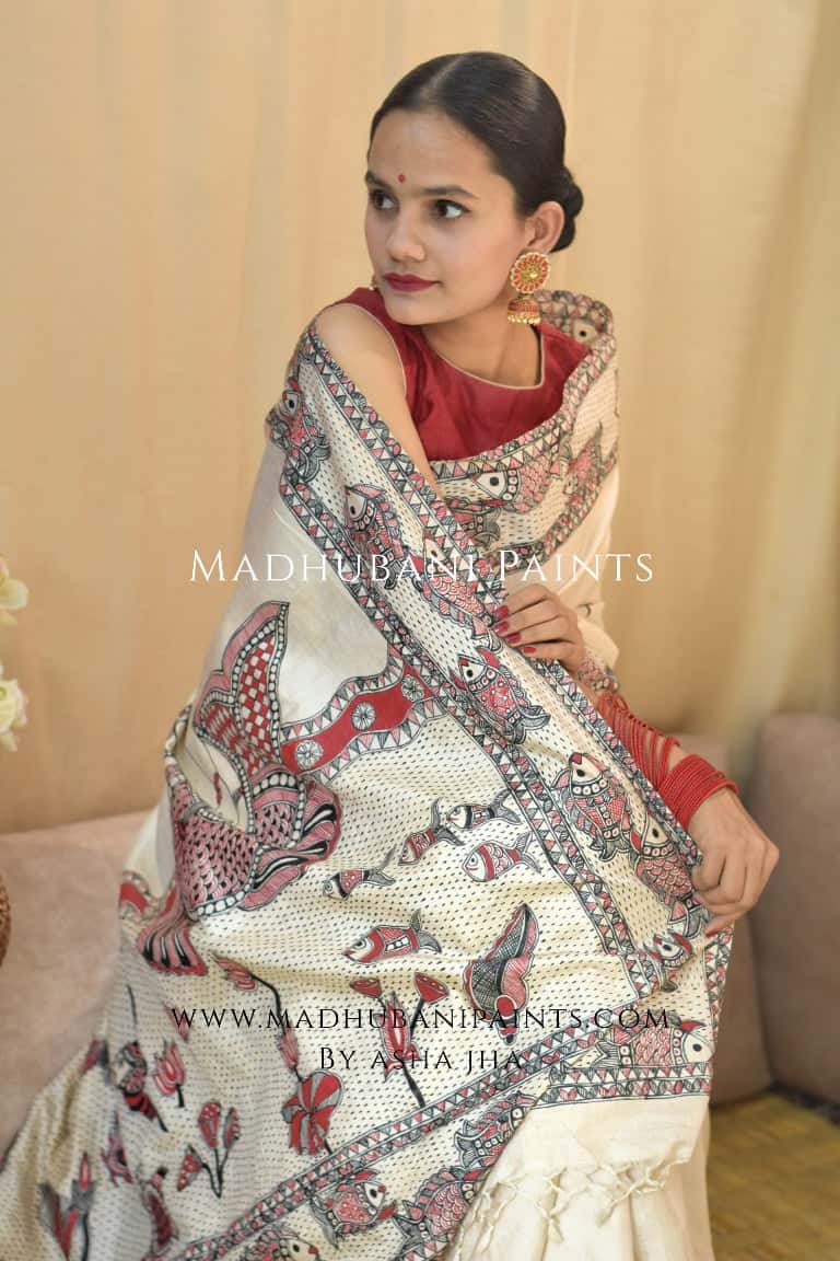 'MATSYA AVATAR' Handpainted Madhubani Tussar Silk Saree — image 2 of 12