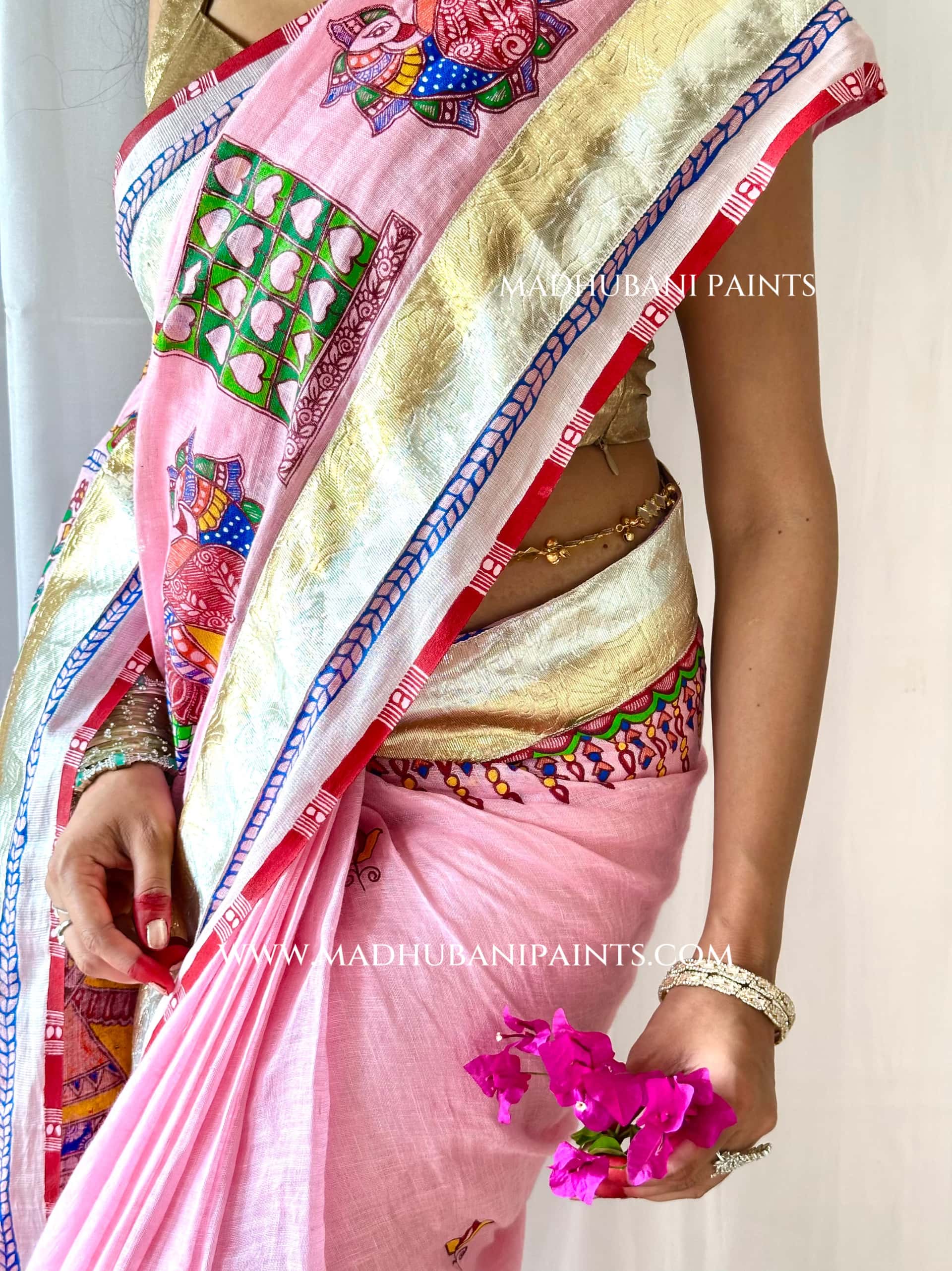 Gulabi Bridal Hand-painted Madhubani Painting Saree Blouse Set — image 8 of 10