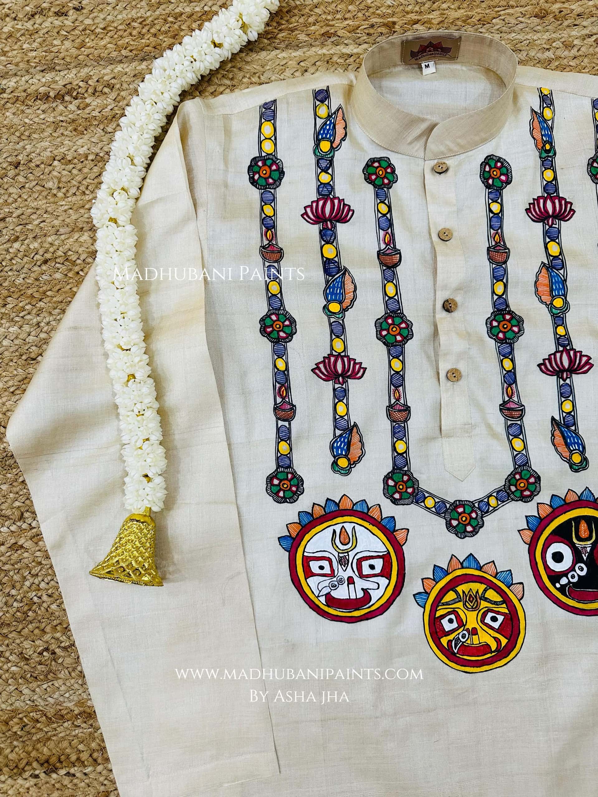 Lord Jagannatha Hand-painted  Madhubani Men's Tussar Silk Kurta — image 2 of 4