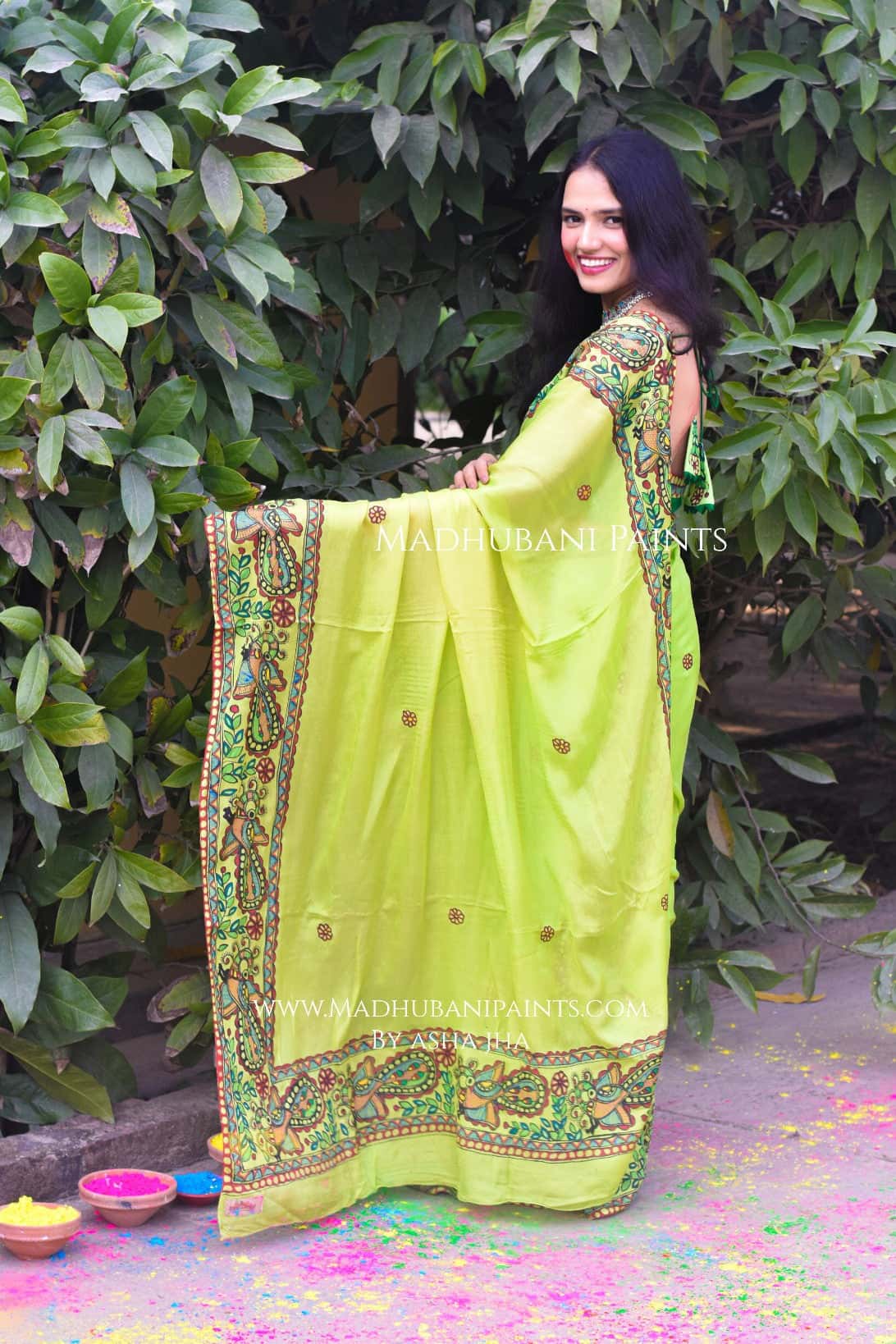MADHUMAS Hand-painted Madhubani Chiffon Saree Blouse Set — image 7 of 13