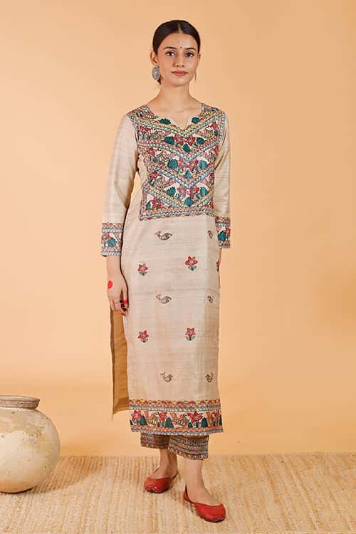 'Anuragini' Handpainted Madhubani Tussar SIlk Kurta — image 2 of 6