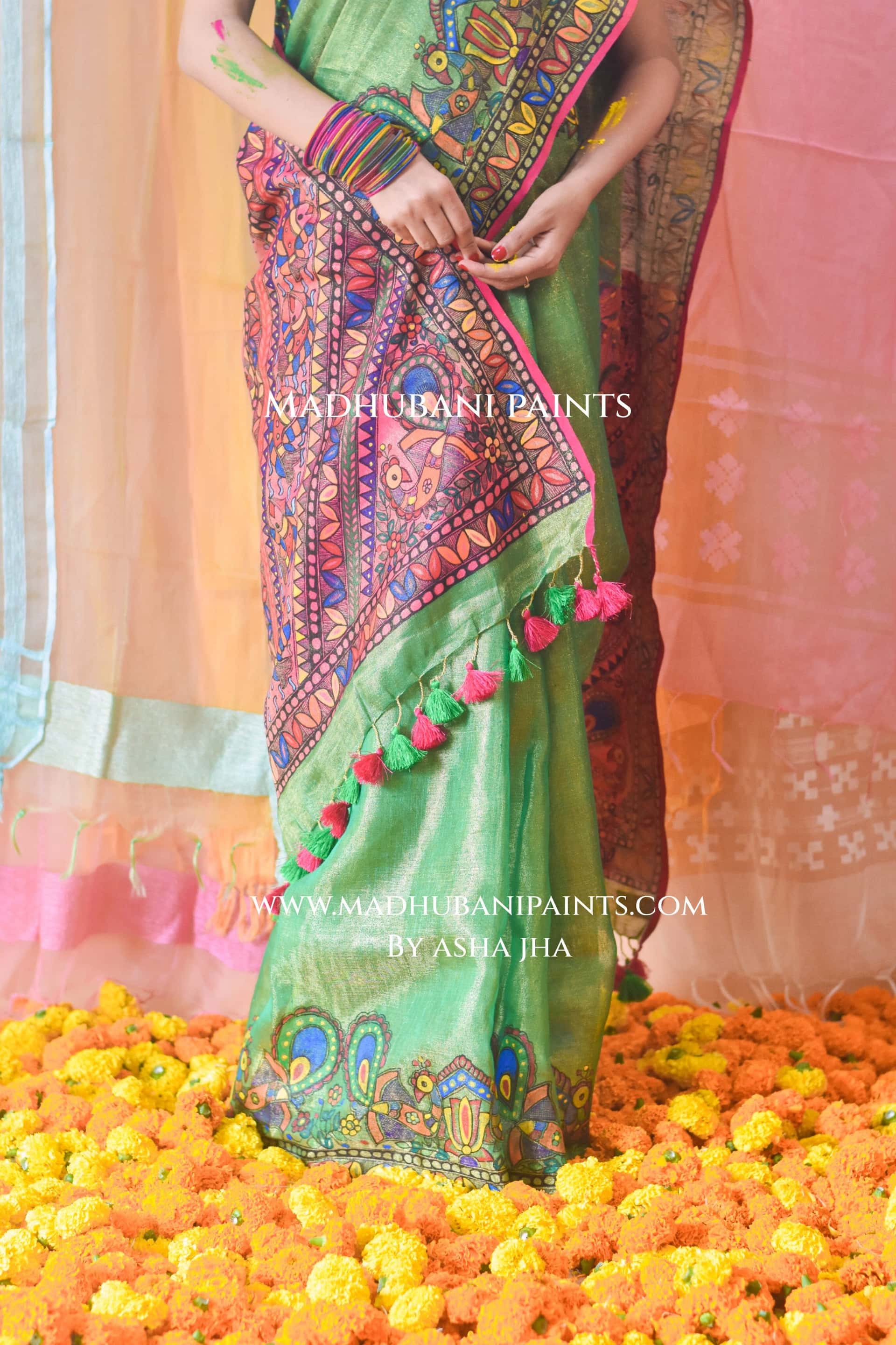 GULAL Hand-painted Madhubani Tissue Linen Saree — image 6 of 9