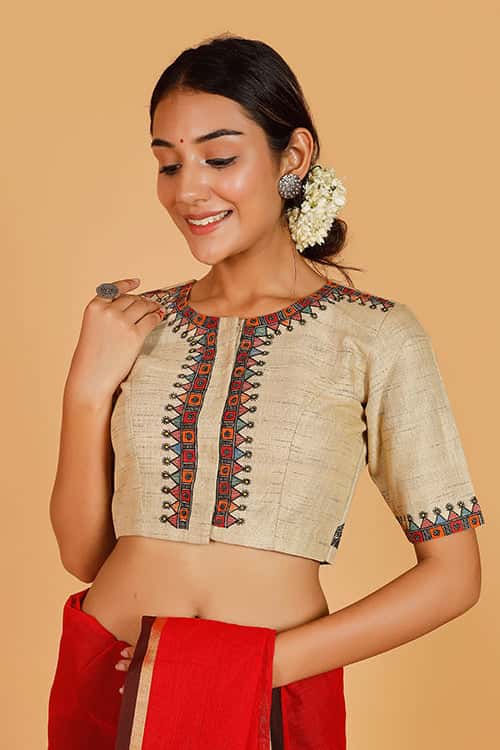 'Krishna Nritya' Handpainted Madhubani Cotton Blouse — image 4 of 8