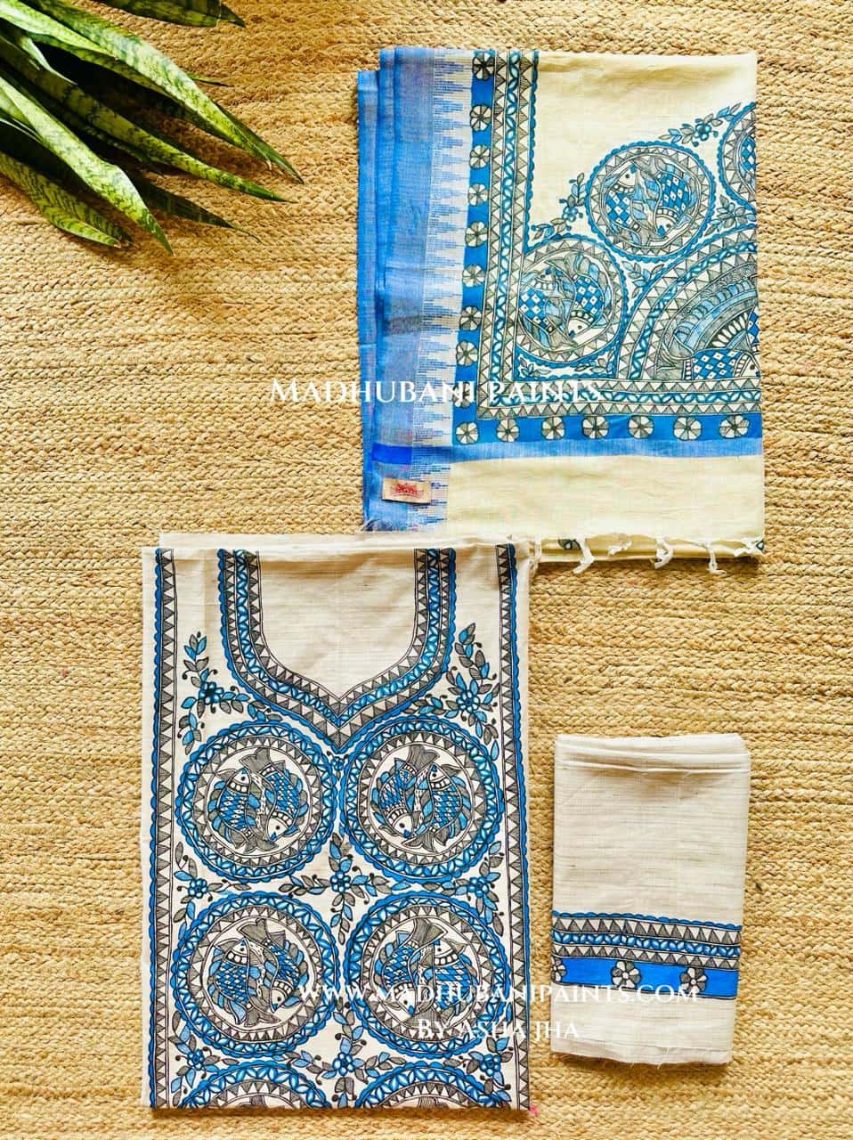 Matsya Hand-painted Madhubani Painting Cotton Unstitched Kurta Pant Dupatta Set — image 2 of 4
