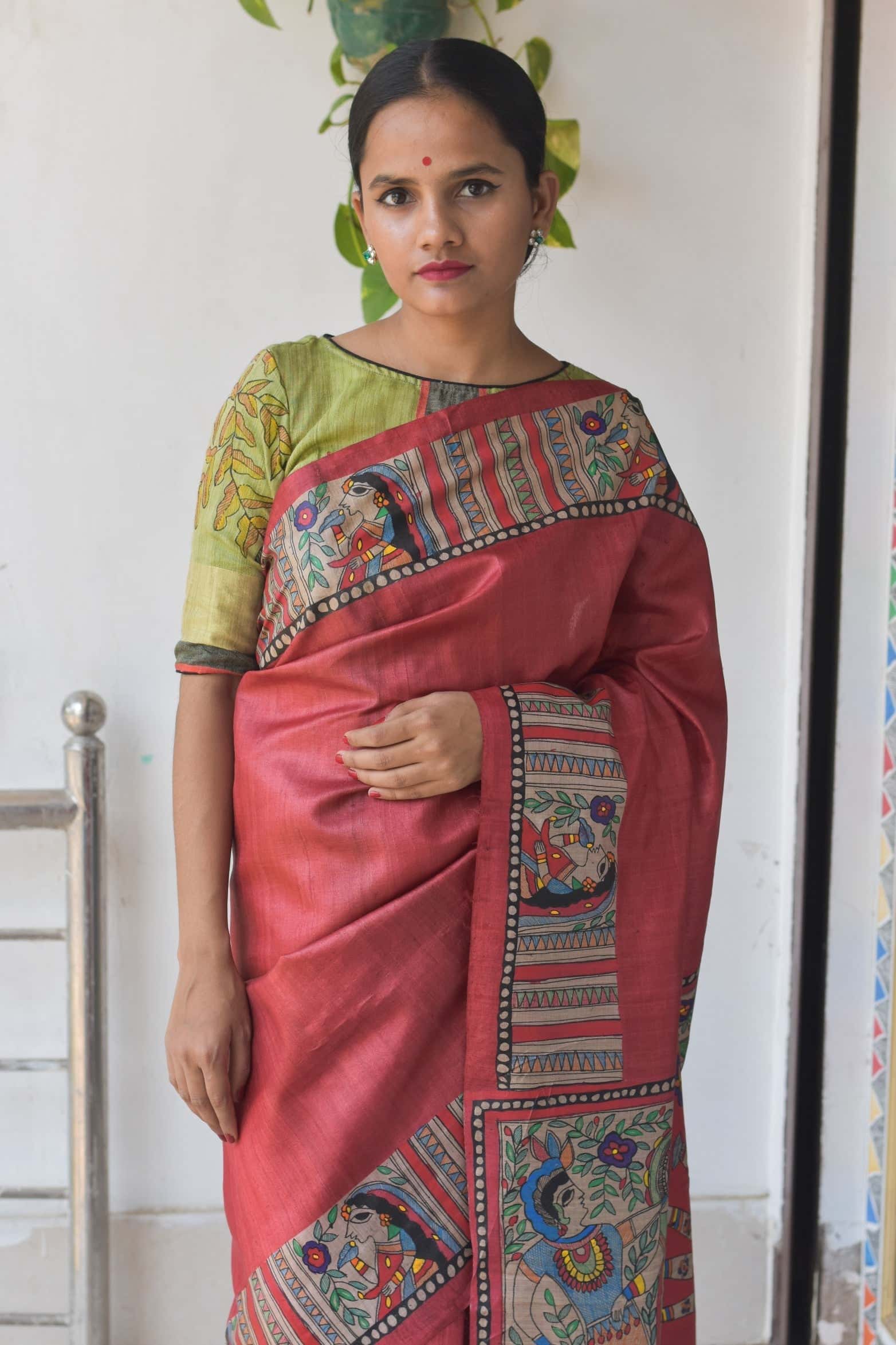 Durga Red Hand Painted Madhubani Saree — image 2 of 5