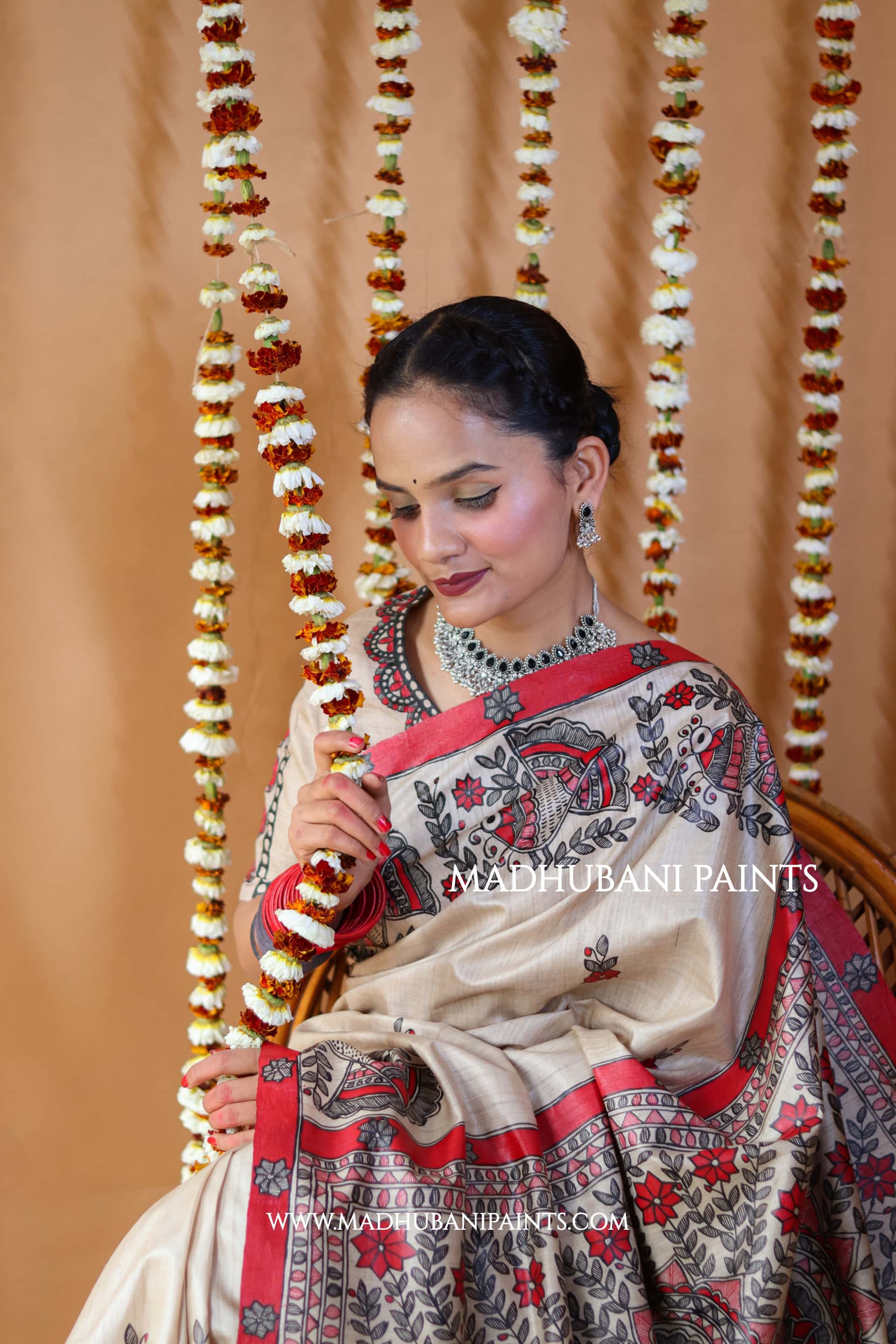 'MORNI' Handpainted Madhubani Tussar Silk Saree — image 3 of 8