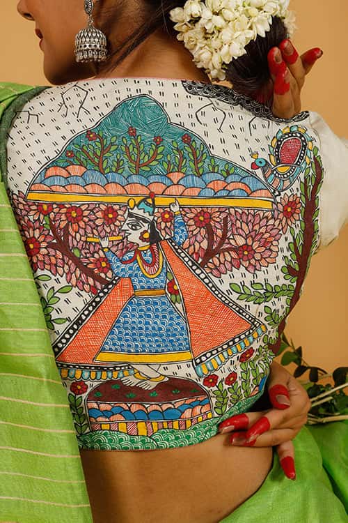 'Govardhan Leela' Handpainted Madhubani  Moonga Silk Blouse — image 5 of 7