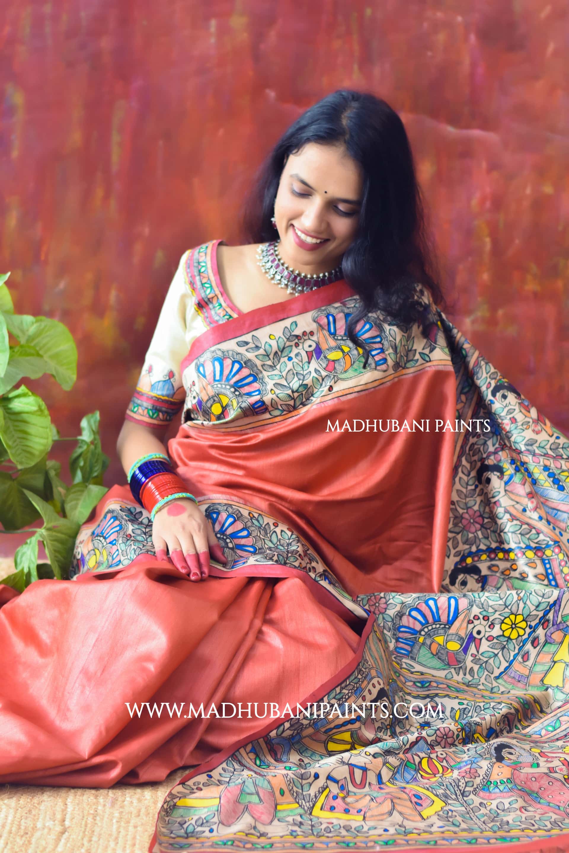 "Laal Ramayan" Hand-painted Madhubani Tussar Silk Saree — image 2 of 6