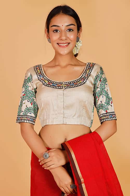 'Rangeen Bagiyaa' Handpainted Madhubani Tussar Silk Blouse — image 3 of 7