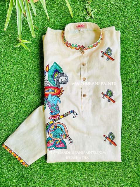 Krishna's Mor Paankh  Boota Hand-painted  Madhubani Men's Tussar Silk Kurta — image 3 of 4