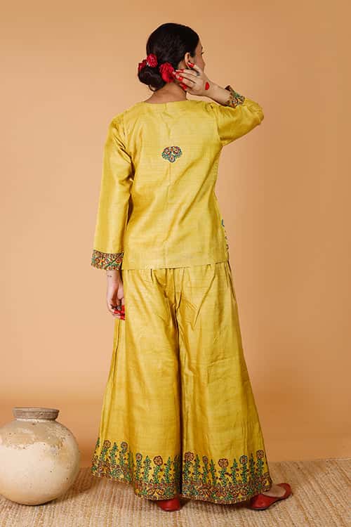 'Sunehri Phoolwari' Handpainted Madhubani Tussar Silk Palazzo — image 2 of 3