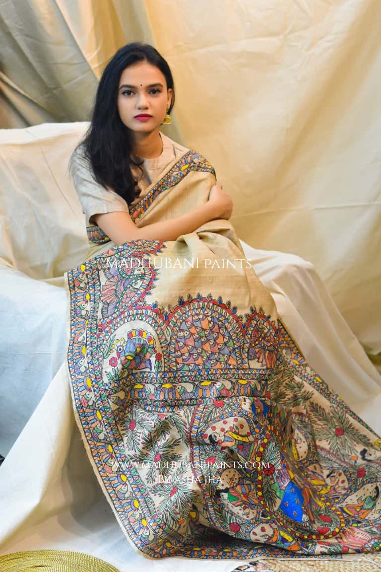 'SHYAM LEELA' Handpainted Madhubani Tussar Silk Saree