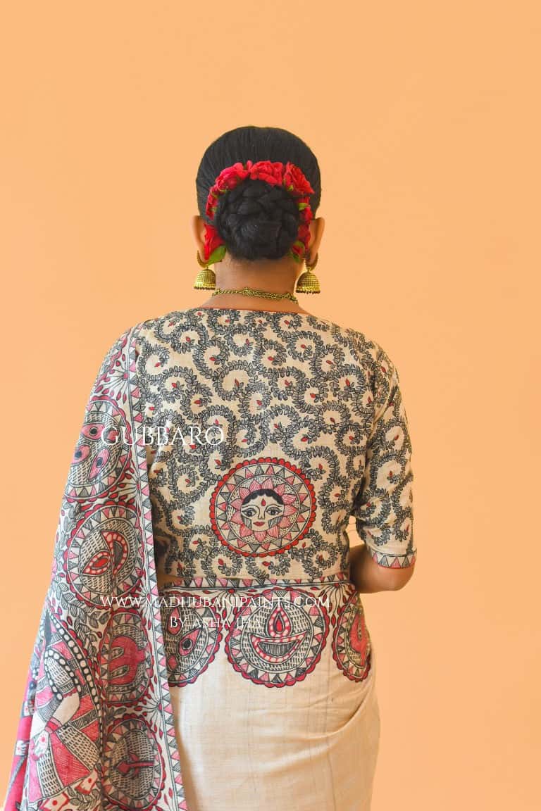 'SUNDARI' Handpainted Madhubani Tussar Silk Saree Blouse Set — image 9 of 11