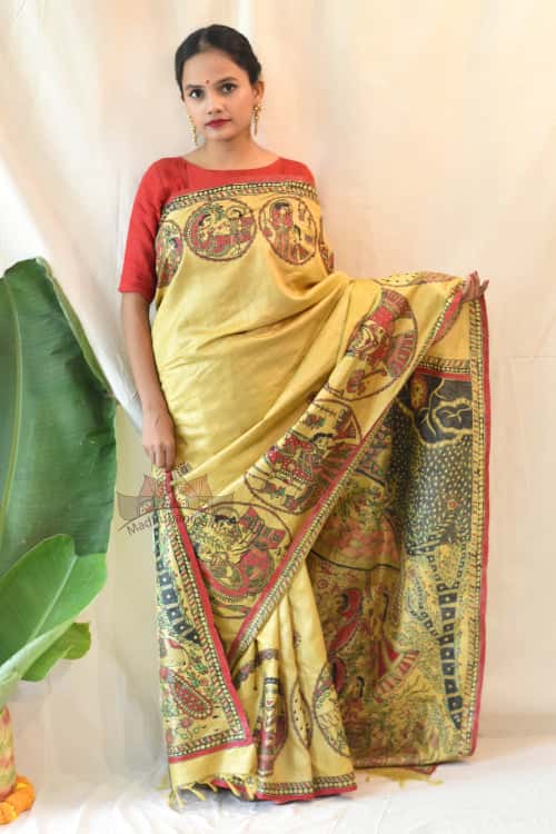 'KRISHNA JEEVAN KATHA' Tussar Silk Saree with stitched blouse — image 2 of 7