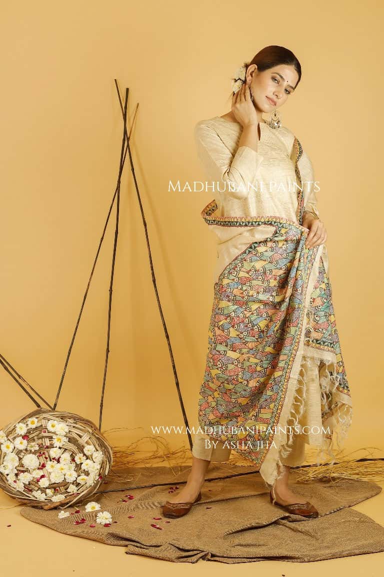 Matsya Leela Madhubani Handpainted Pure Handwoven Tussar Silk Dupatta — image 3 of 4