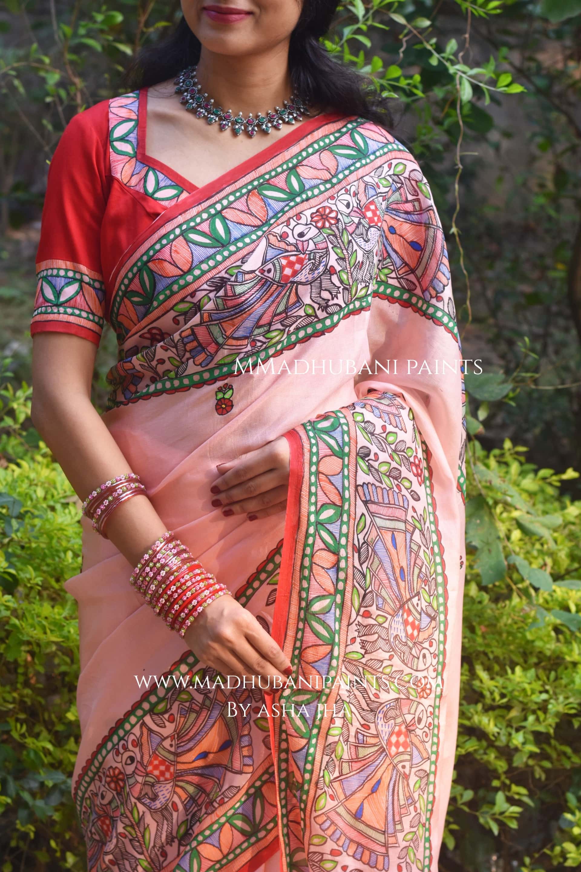 Gulabi Mor Hand-painted Madhubani Chiffon Saree Blouse Set — image 5 of 11