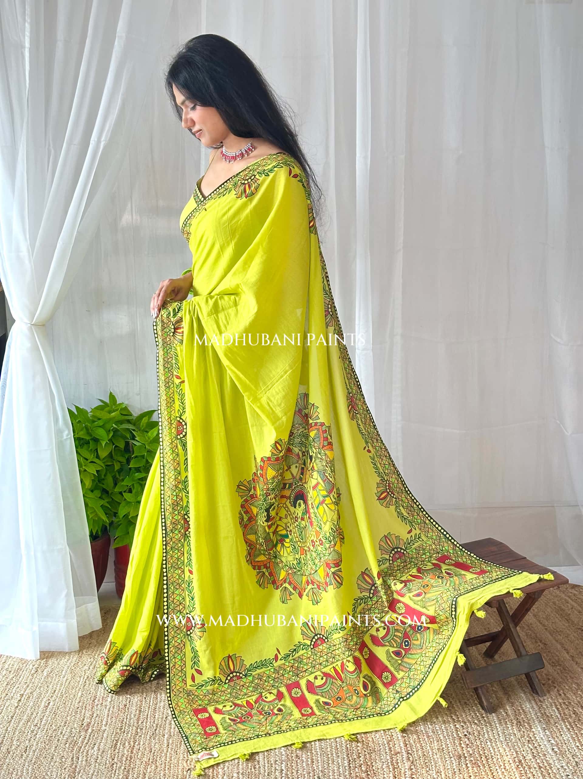 Hara Shringar Handpainted Madhubani Cotton Saree — image 8 of 9