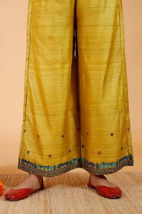 'Gajanand Mayur' Handpainted Madhubani Tussar Silk Pant — image 2 of 2