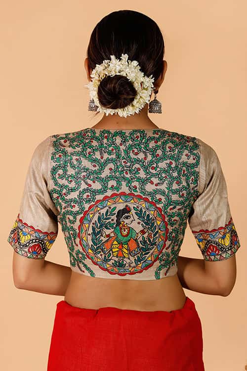 'Krishna' Handpainted Madhubani Tussar silk Blouse — image 3 of 9