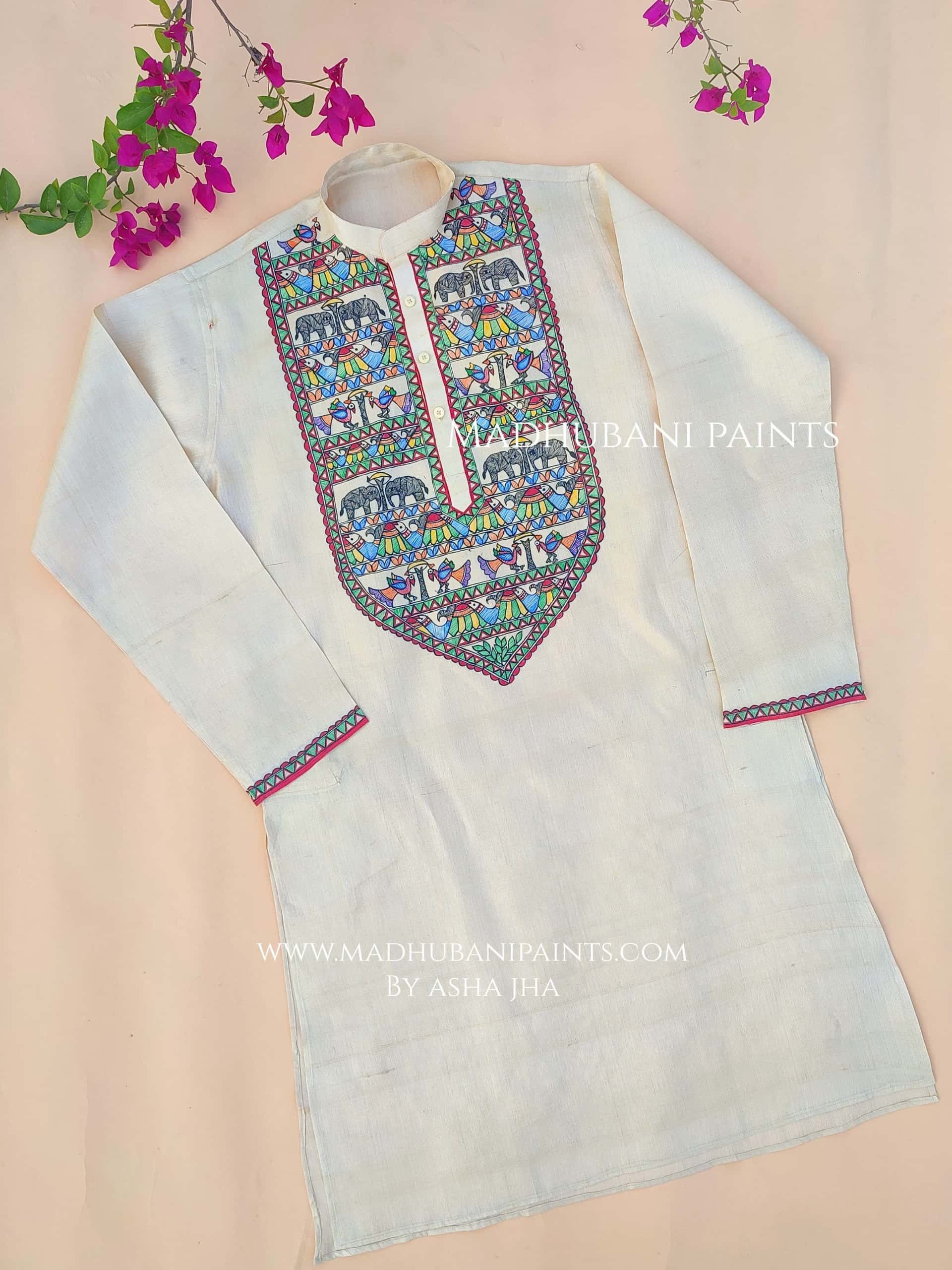 Hathi Mor Machli Hand-painted  Madhubani Men's Tussar Silk Kurta — image 3 of 4