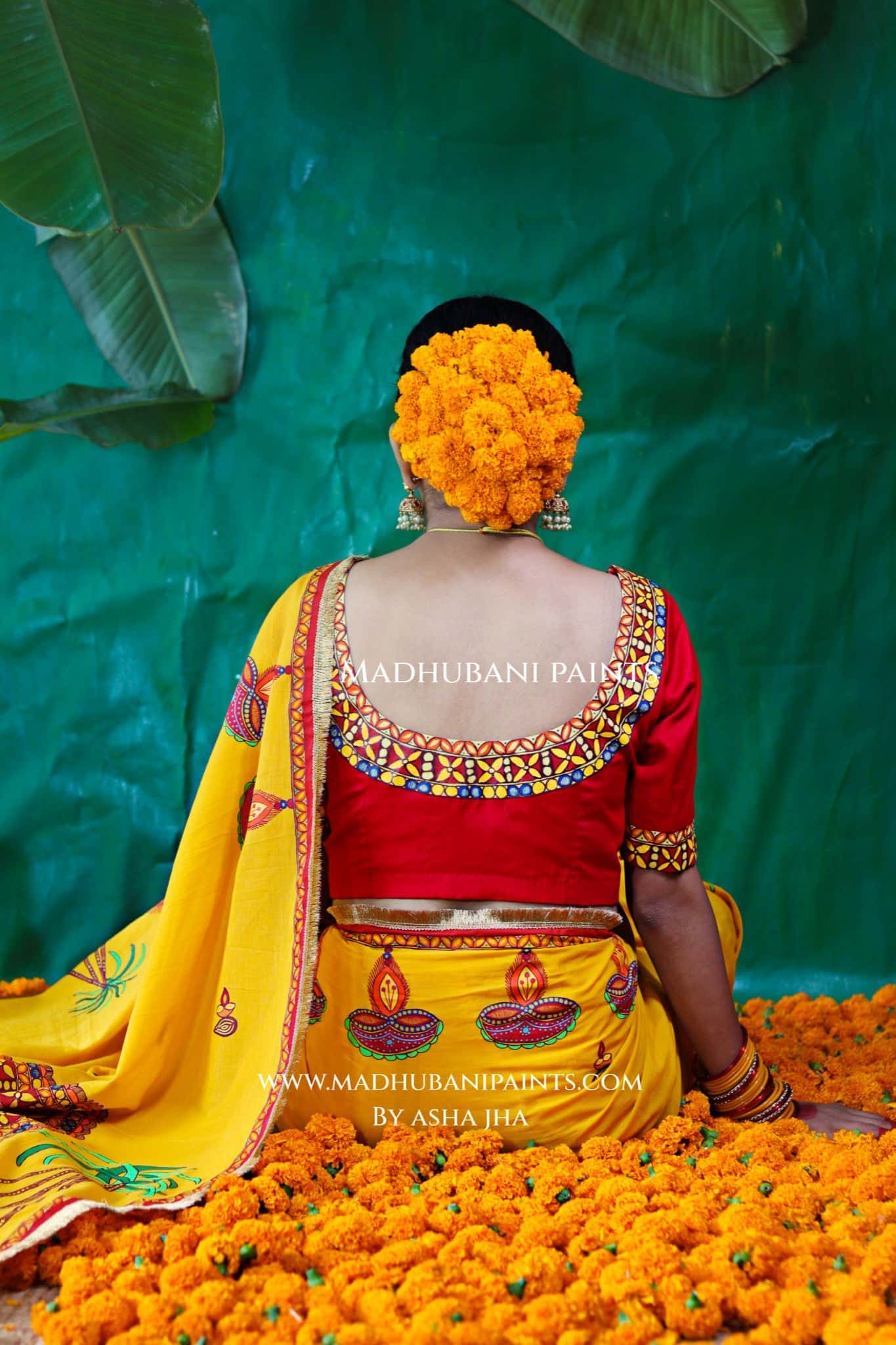 CHHATH PARV Hand painted Madhubani Cotton Saree Blouse Set — image 6 of 11